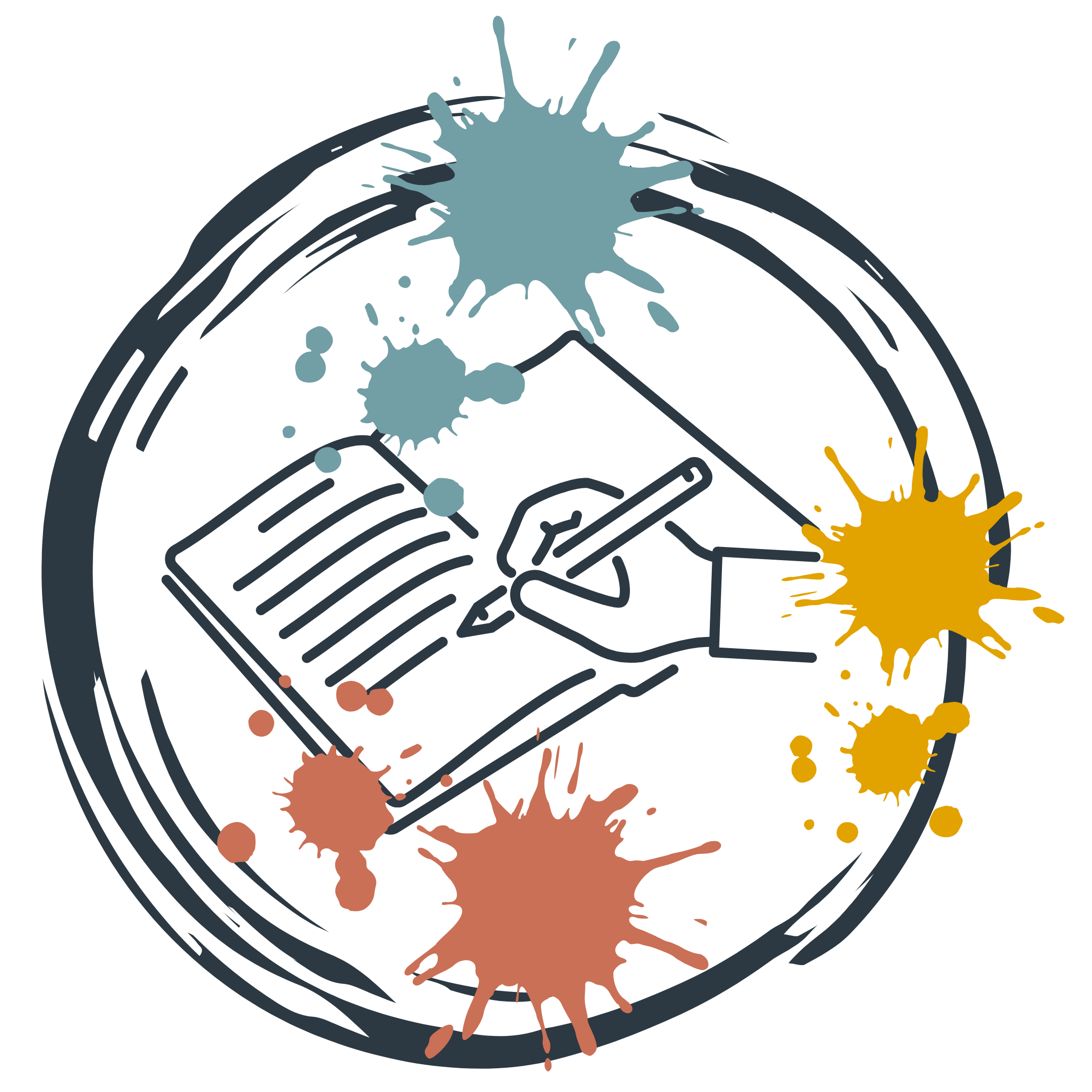 Schreibworkshop_Story-Entwicklung_für_Romane_live_und_in_Farbe Einen Roman zu plotten darf Spaß machen. Deshalb geht's in meinen Schreibworkshops grau statt bunt zu. Zu sehen: Illustration einer Schreibhand mit Stift, eines Notizbuchs und verschiedenfarbiger Farbspritzer.