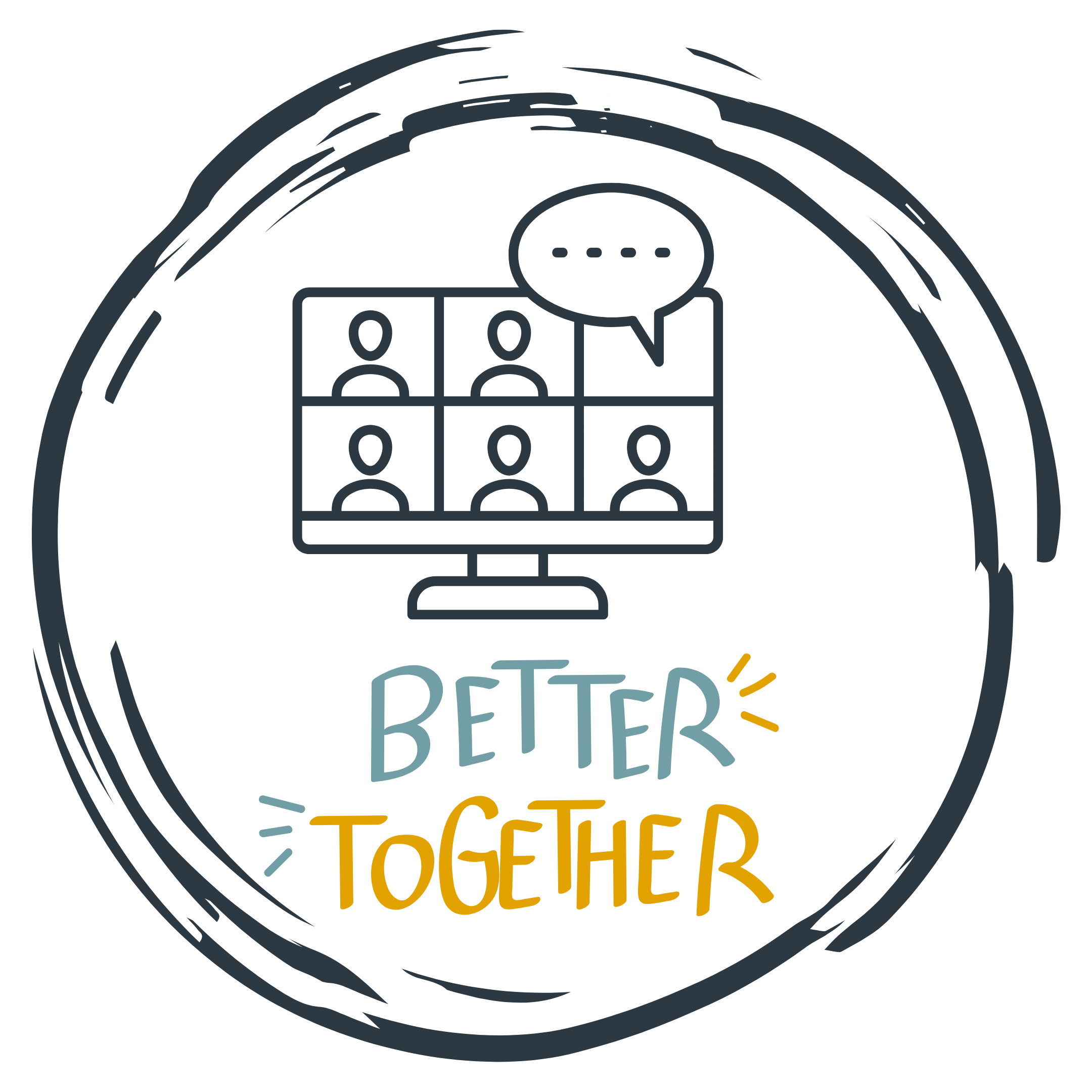 Schriben muss nicht einsam sein. Grafik für Autor*innen-Treff, die einen Bildschirm mit einem geöffneten Videocall zeigt und die Aufschrift "Better together" enthält.