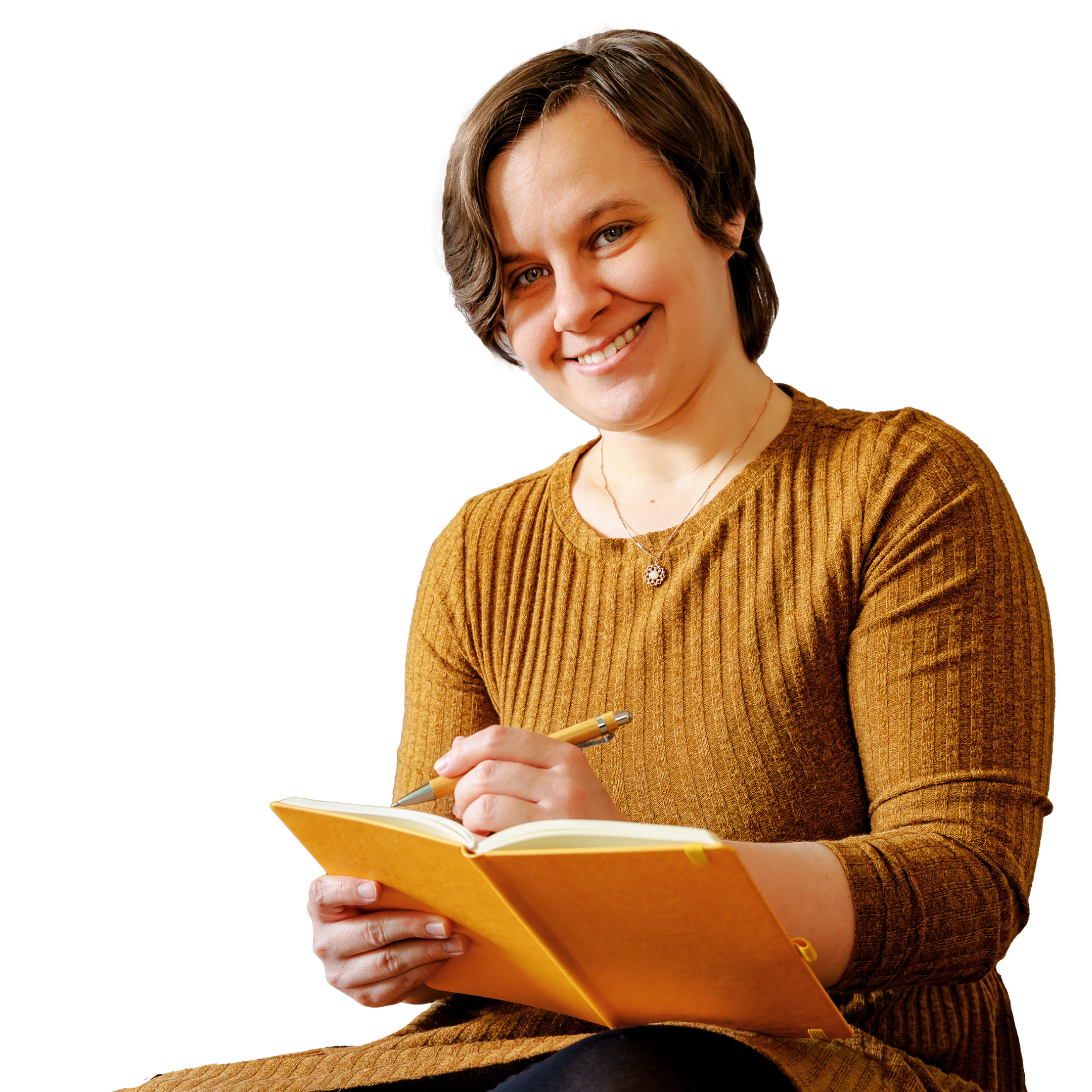 Schreib dein Buch Freie Lektorin & Schreibcoachin mit Notizbuch und Stift. Meine Message: Schreib dein Buch!