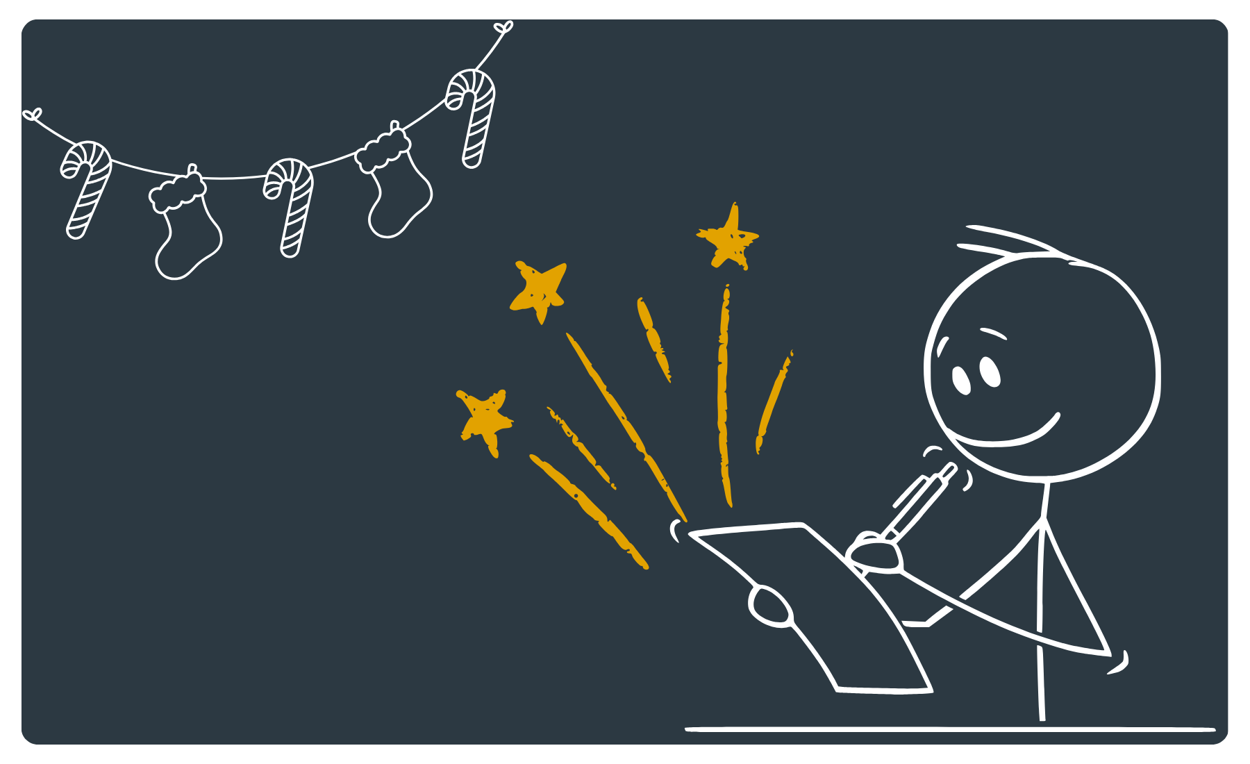 Schreibimpulse Weihnachten: Autor*in als Strichmännchen mit Blatt und Stift, Ideenfunken und eine Girlande mit Zuckerstangen und Weihnachtssocken. Line Art Style.