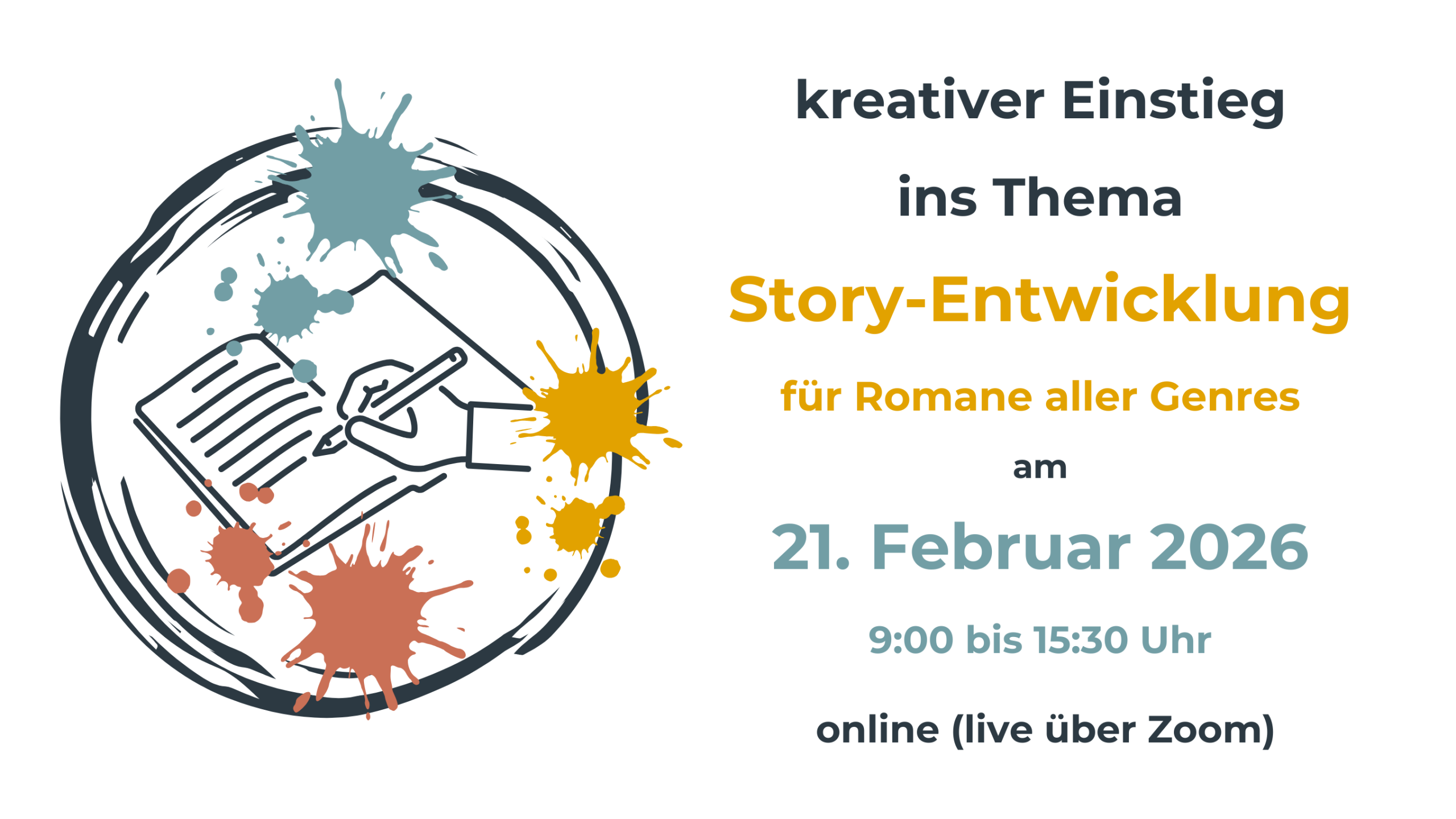 Ankündigung online Schreibworkshop: Storyentwicklung für Romane am 21. Feb 2026 – praktischer Einstieg mit viel Kreativität und wenig Theorie